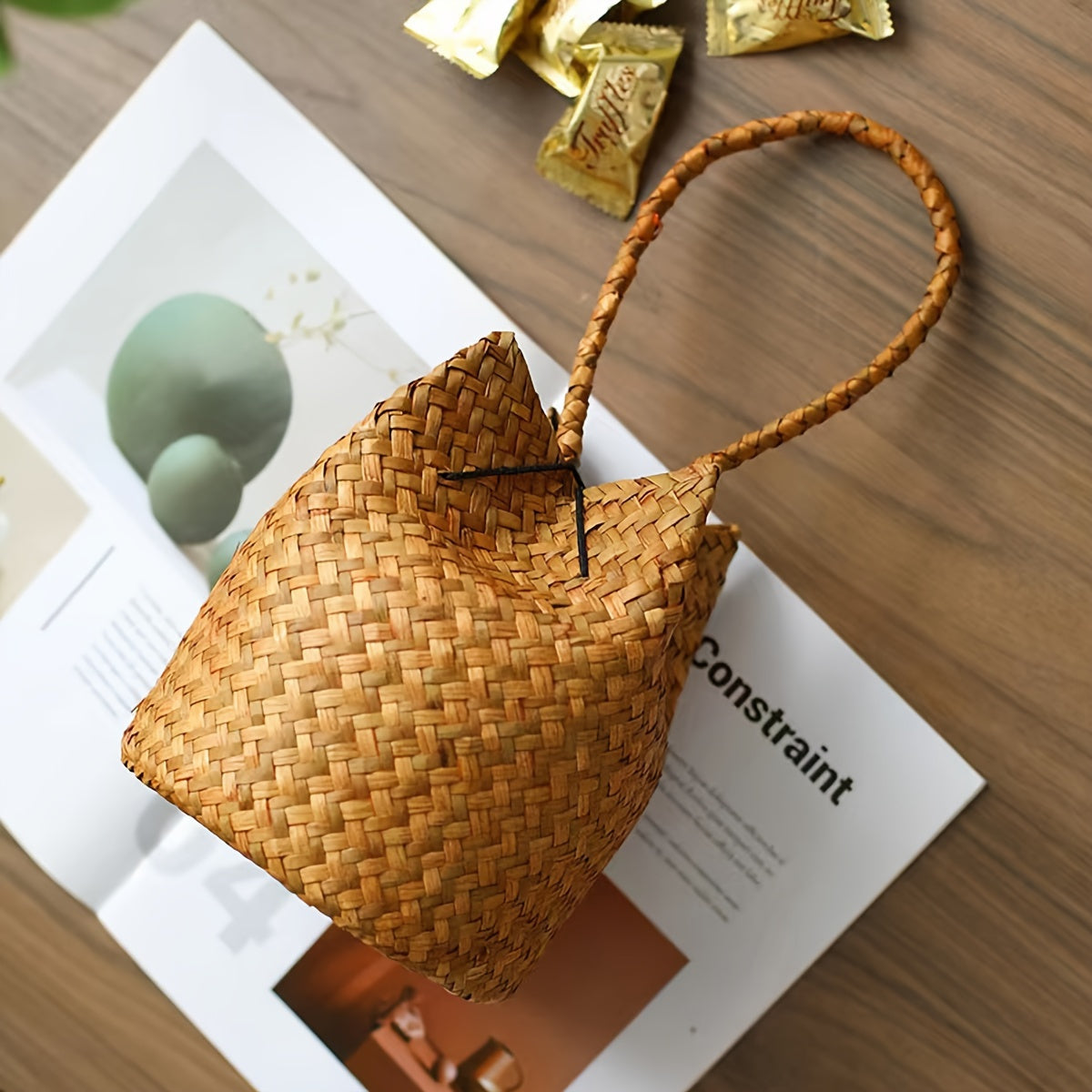 Retro Woven Bucket Bag, Bohemian Ruched Handbag, Mini Candy Bag For Wedding Festival Party