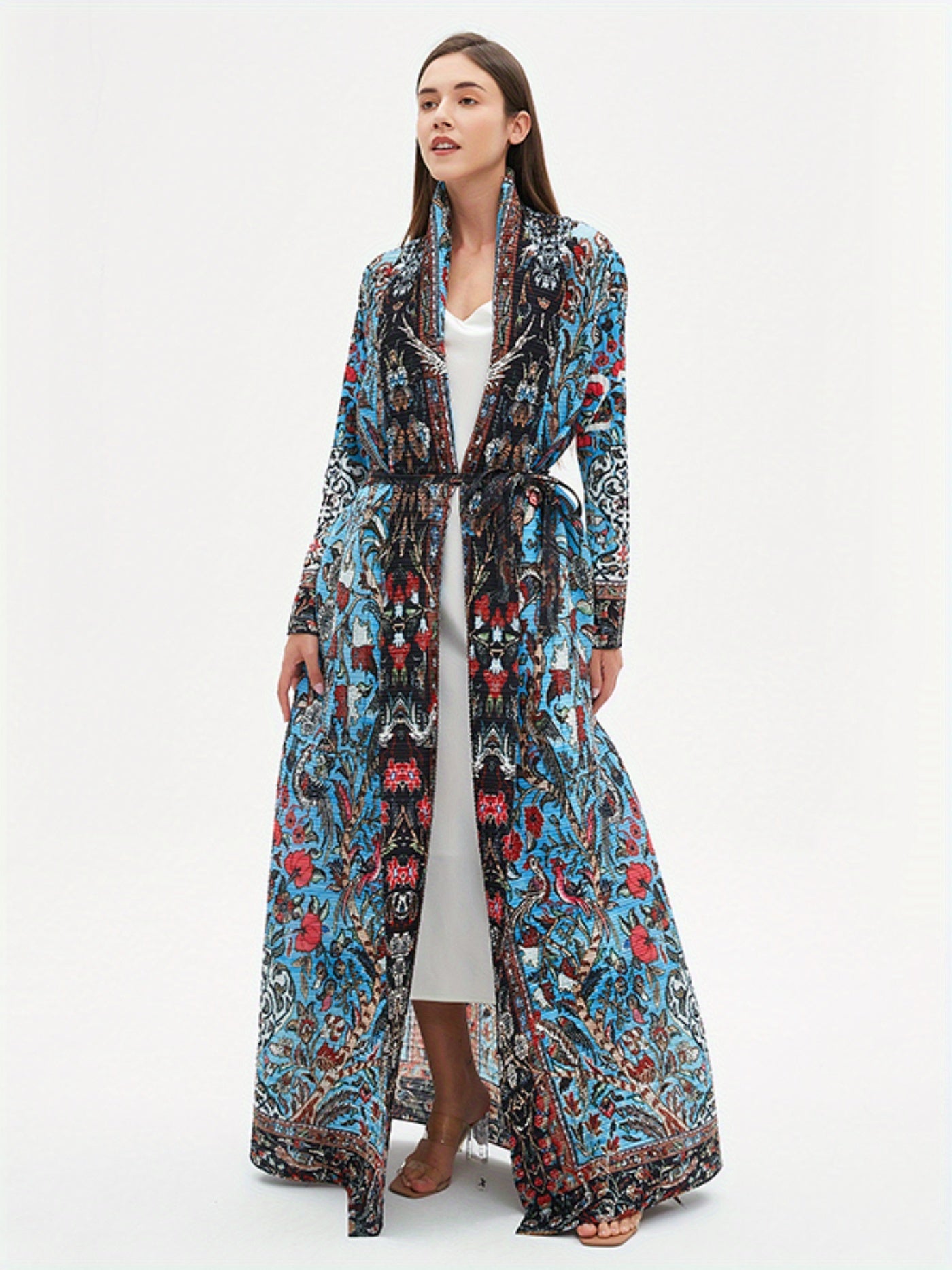 Elegant Middle Eastern-Inspired Geometric Print Abaya Dress with Intricate Embroidery - Lightweight Polyester, High Elasticity, Sun Protection, Perfect for Spring/Summer/Fall