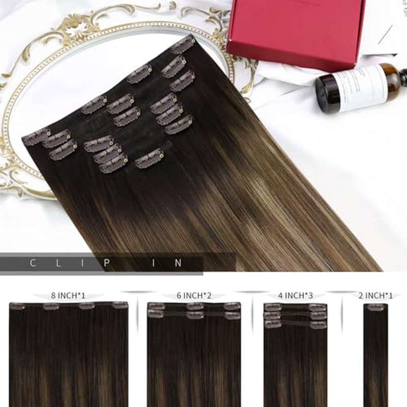 Clip in Hair Extensions - Balayage, Ombre( Dark Brown to Golden Brown with Dark Ash Blonde) 7pcs, 120G, 18inch for Women, Length Extension, Natural Look, Seamless Blend, Smooth Texture, Highquality Hairpiece, Beauty Enhanceme