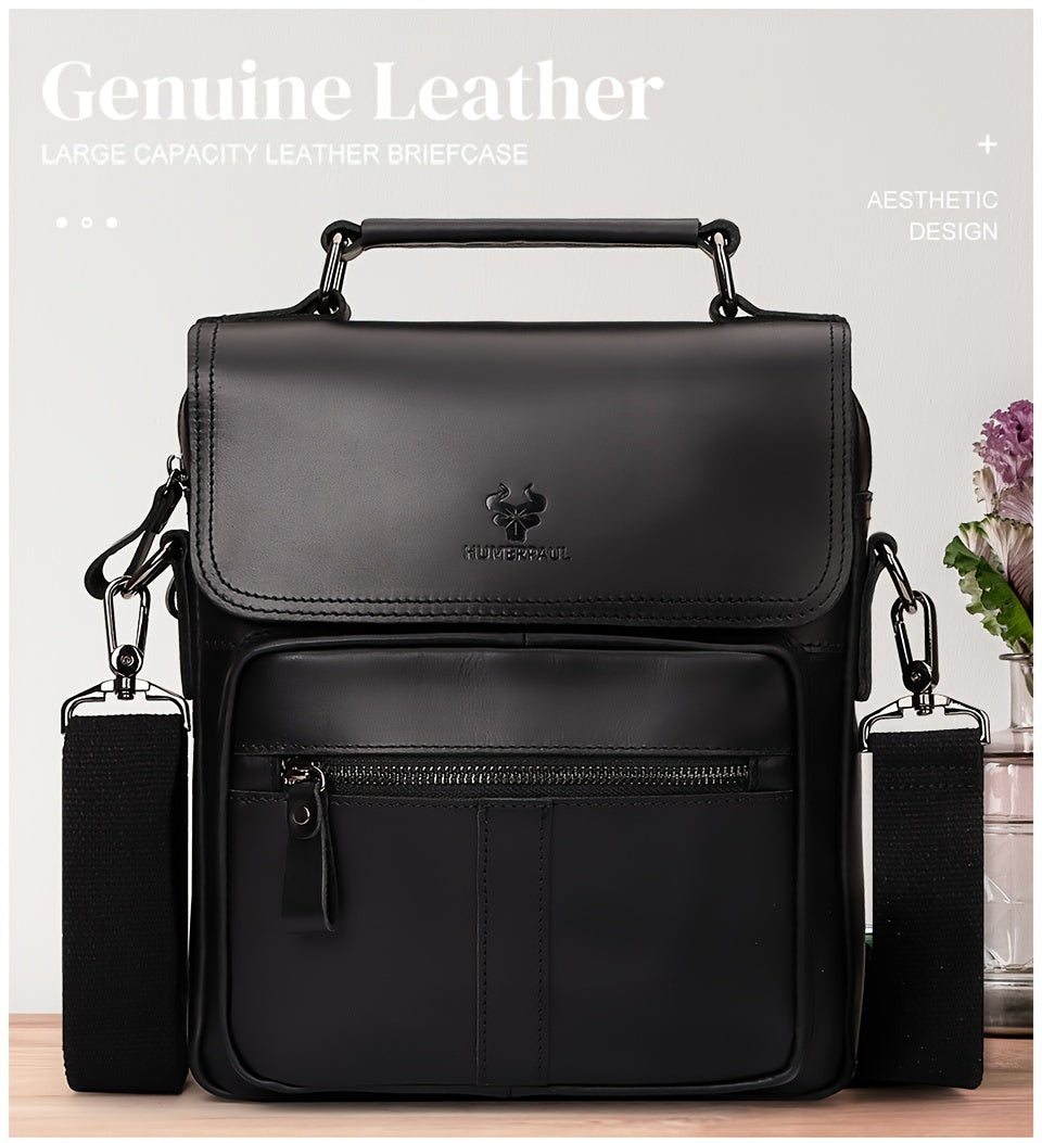 Men's Genuine Crazy Horse Leather Crossbody Bag - Adjustable Shoulder Strap, Multiple Compartments, Black Messenger Bag for Outdoor Travel & Business