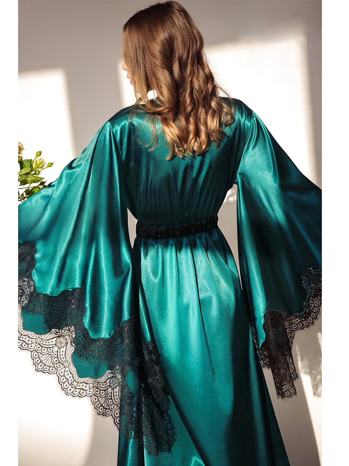 Women's Black Satin Robe - Elegant Long Lace Kimono, Lightweight Bridal Sleepwear for Wedding Day, Polyester, Contrast Lace Detail, Bride Lingerie
