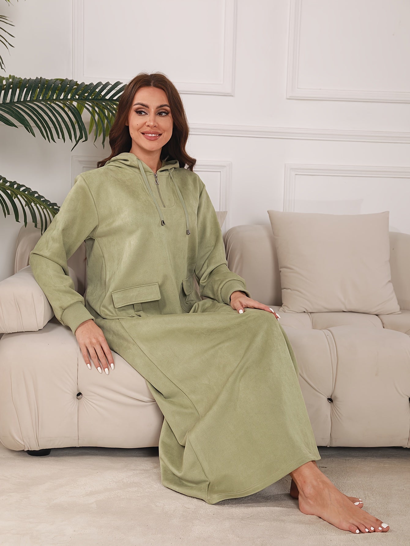 Women's Casual Long Sleeve Hooded Abaya with Zipper Collar and Pockets - Arabic Alphabet Print, Non-Stretch Fabric, Loose Fit for All Seasons, Casual Wear|Hooded Dress|Pocketed Dress