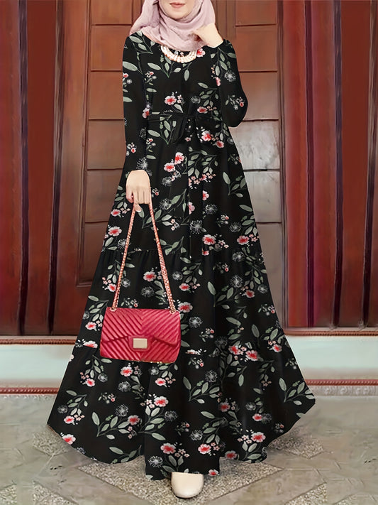 New Women's Elegant Middle Eastern Kaftan Abaya - Black Floral Print with Red Flowers, Long Sleeve Lace-Up Modest Dress, Machine Washable for Spring Summer Fall, Abaya Dress Fancy