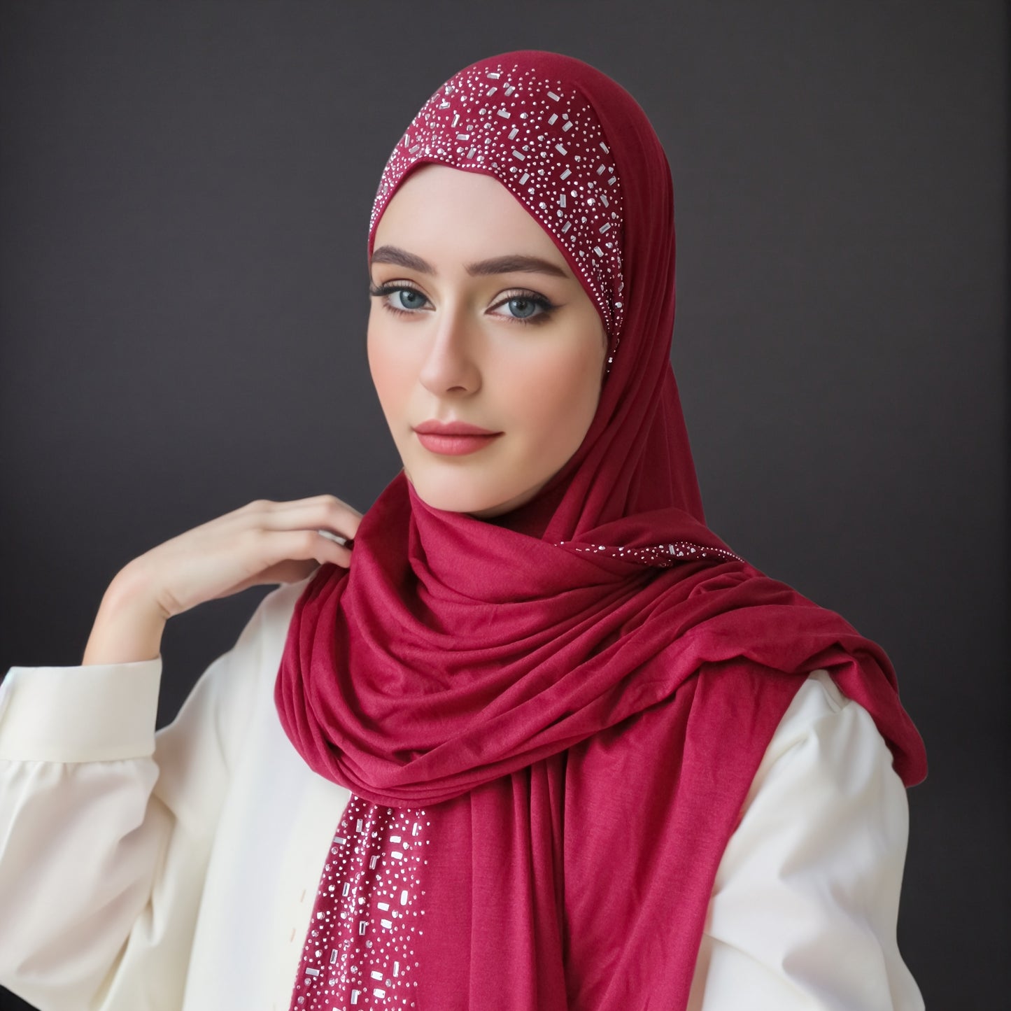 Elegant Black Stretch Bamboo Jersey Hijab Scarf Shawl for Women | Elastic Soft Large Headscarf with Sparkling Rhinestone Trim, Hand Washable Muslim Woven Head Cover & Hair Accessory, Modest Fashion