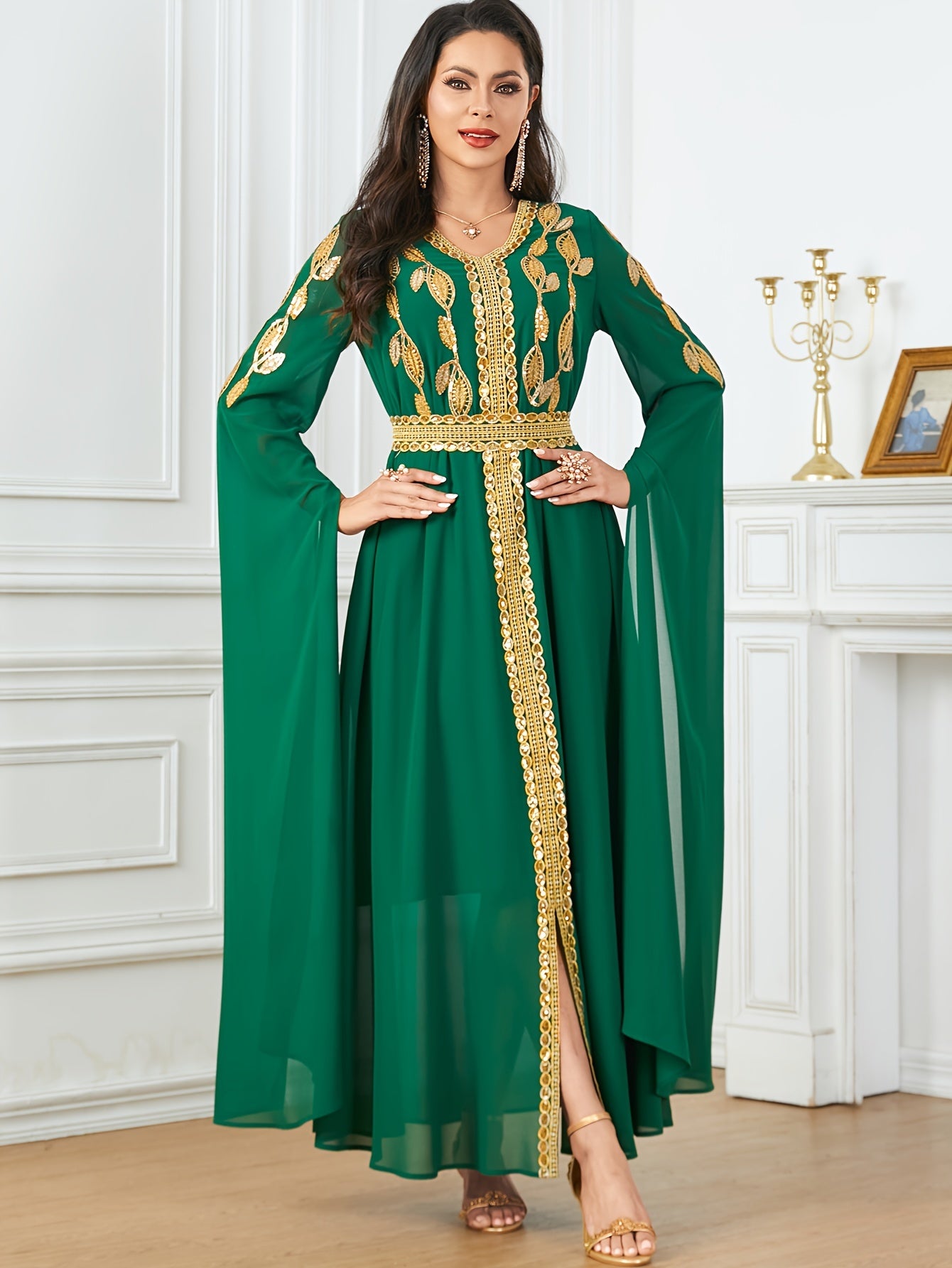 Embroidered V-Neck Abaya Dress, Elegant Cape Sleeve Maxi Dress, Women's Clothing