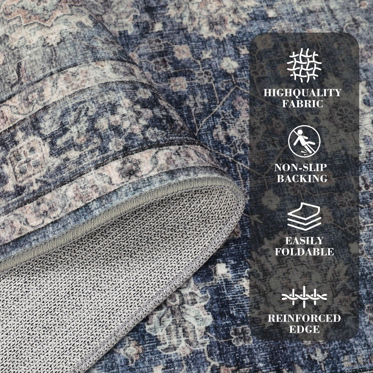 Large 10x13ft Oriental Floral Print Area Mat - Non-Shedding Low Pile Mat, Blue & Brown Beige Traditional Floor Mat for Living Room, Dining Room, Office - Machine Washable Soft Durable Mat with Elegant Floral Medallion Design
