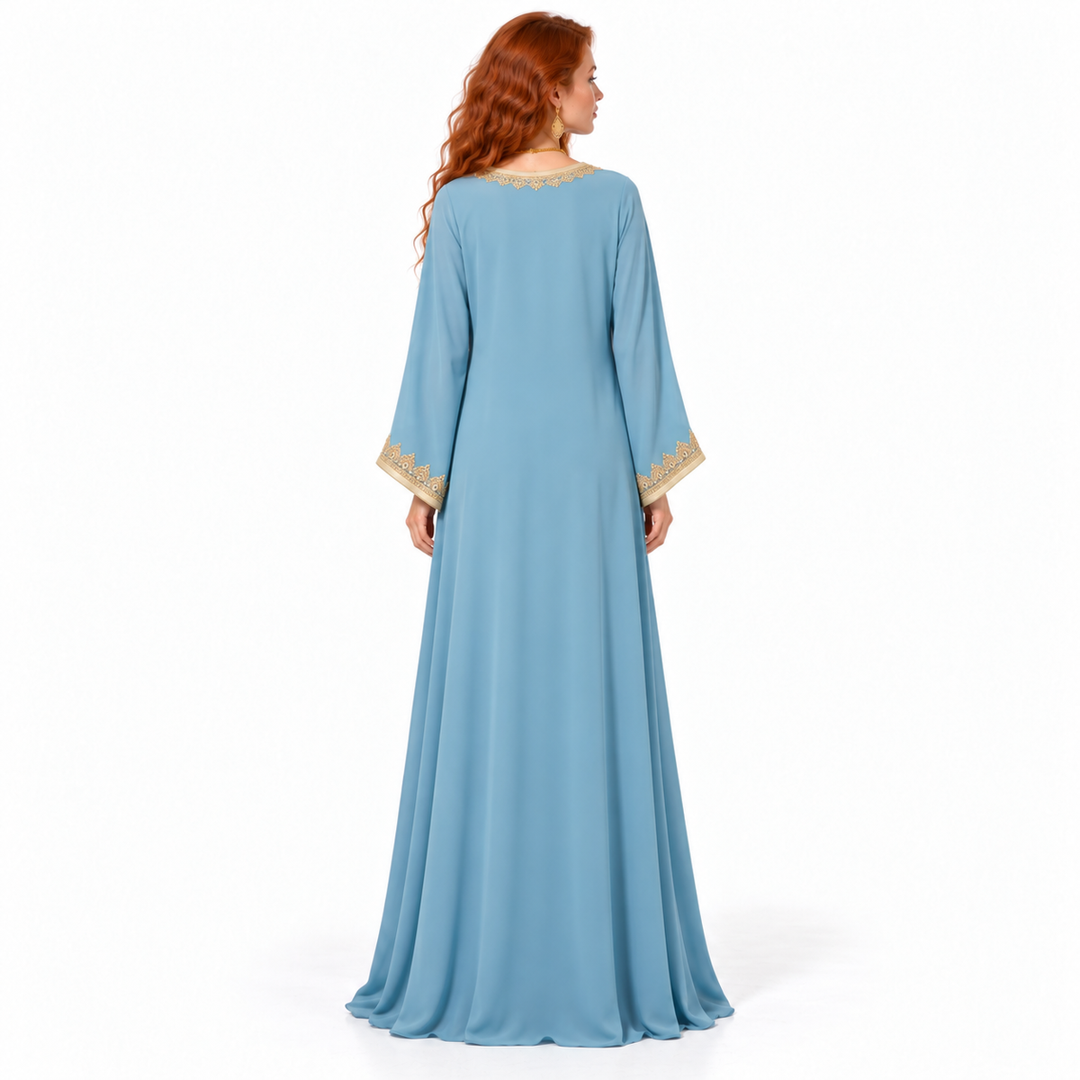 Elegant Blue Gold Embroidered Lebaran Kaftan