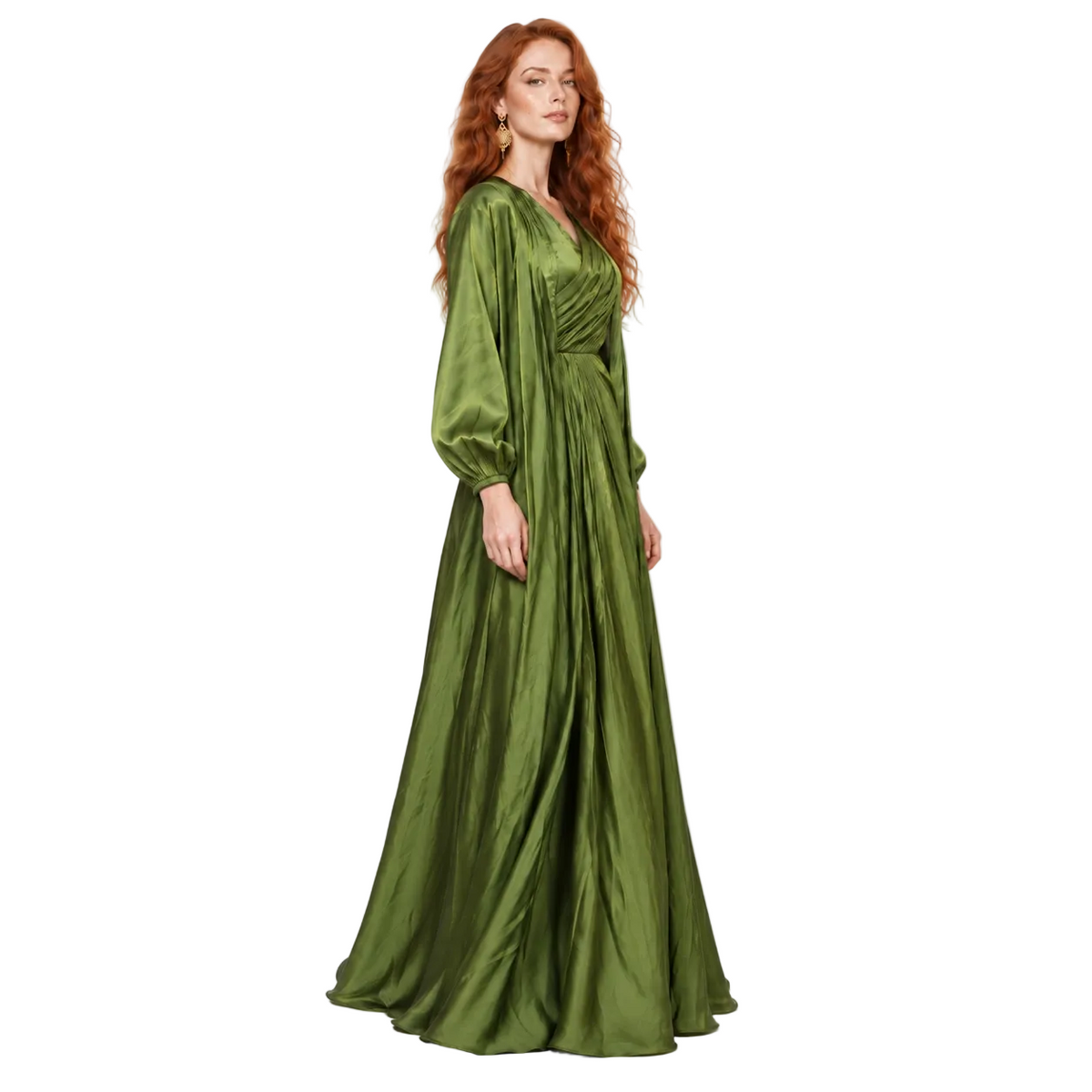 Elegant Olive Green Satin Lebaran Kaftan