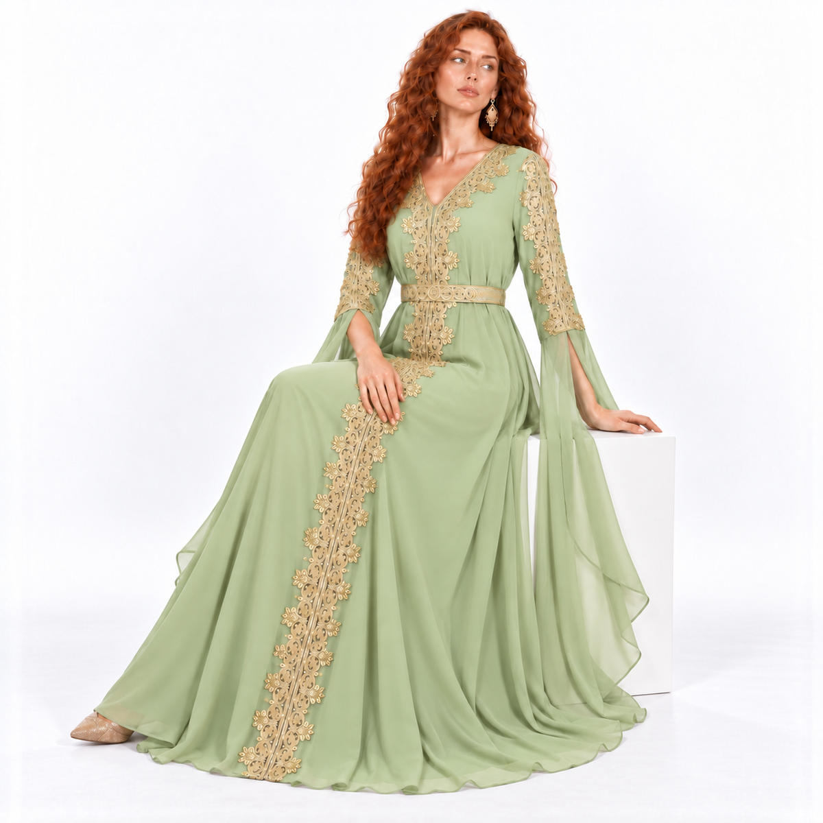 Elegant Green Gold Embroidered Lebaran Kaftan