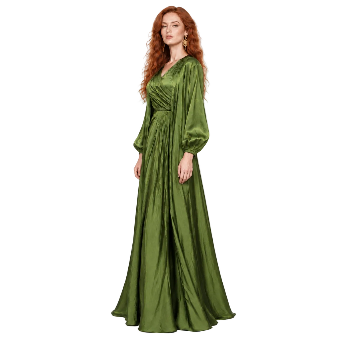 Elegant Olive Green Satin Lebaran Kaftan