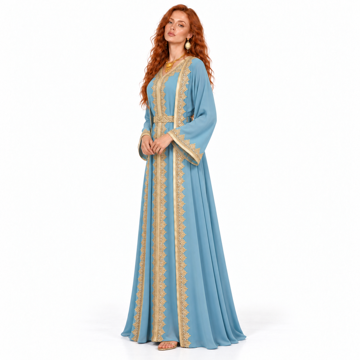 Elegant Blue Gold Embroidered Lebaran Kaftan