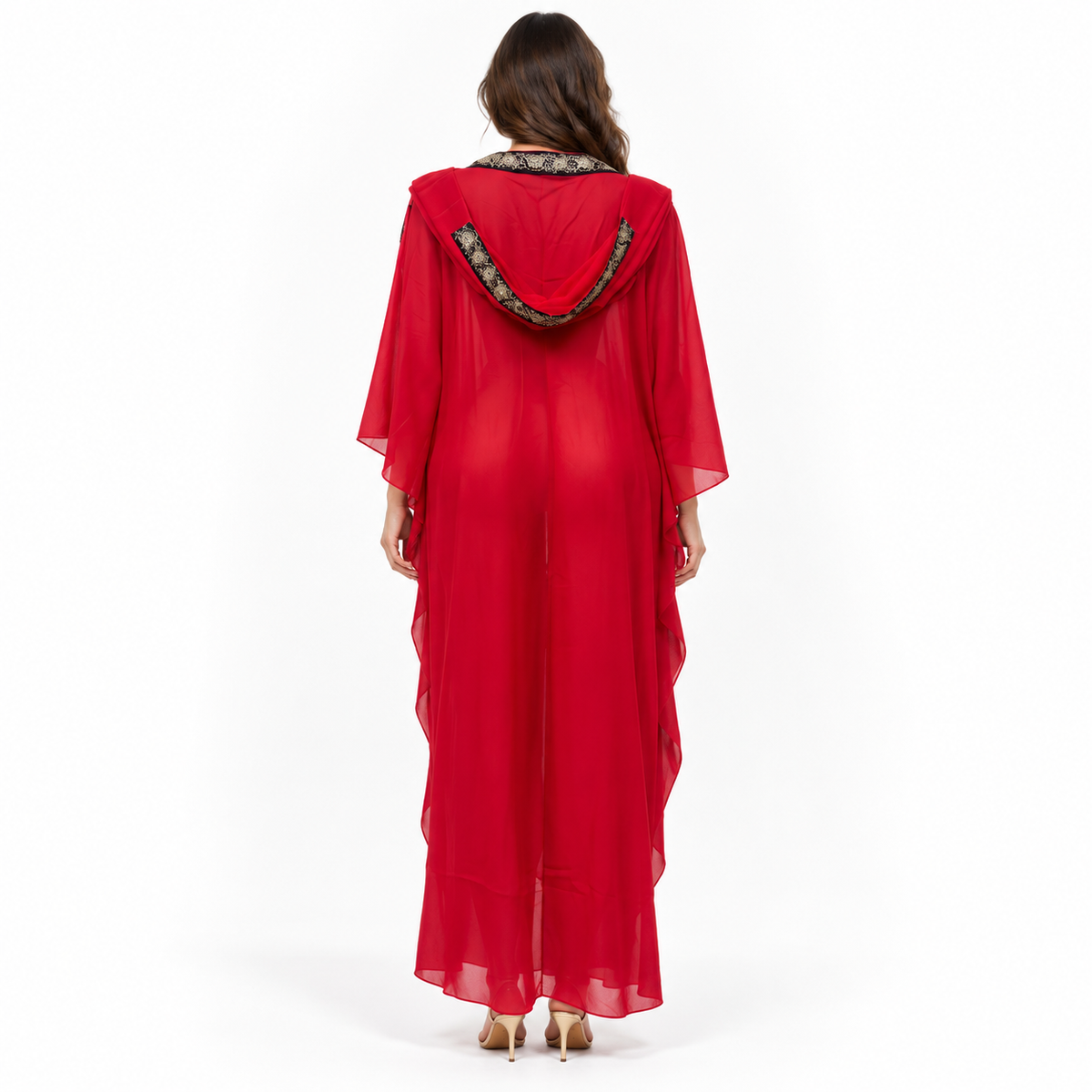 Red Gold Embroidered Chiffon Elegant Kaftan