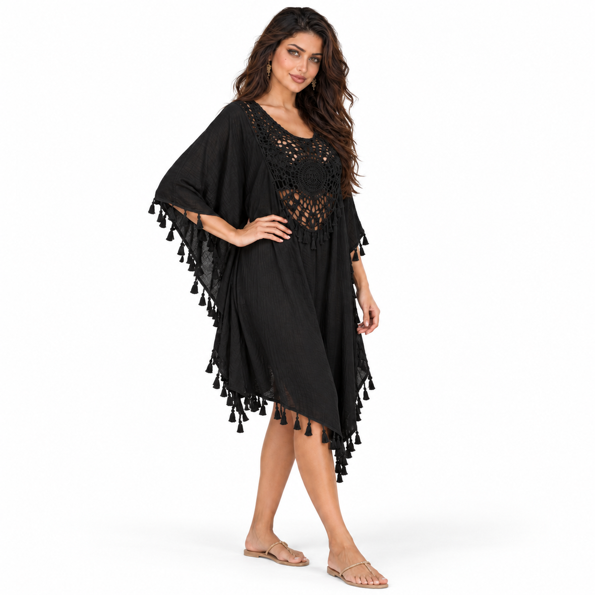 Black Crochet Tassel Relaxed Beach Kaftan