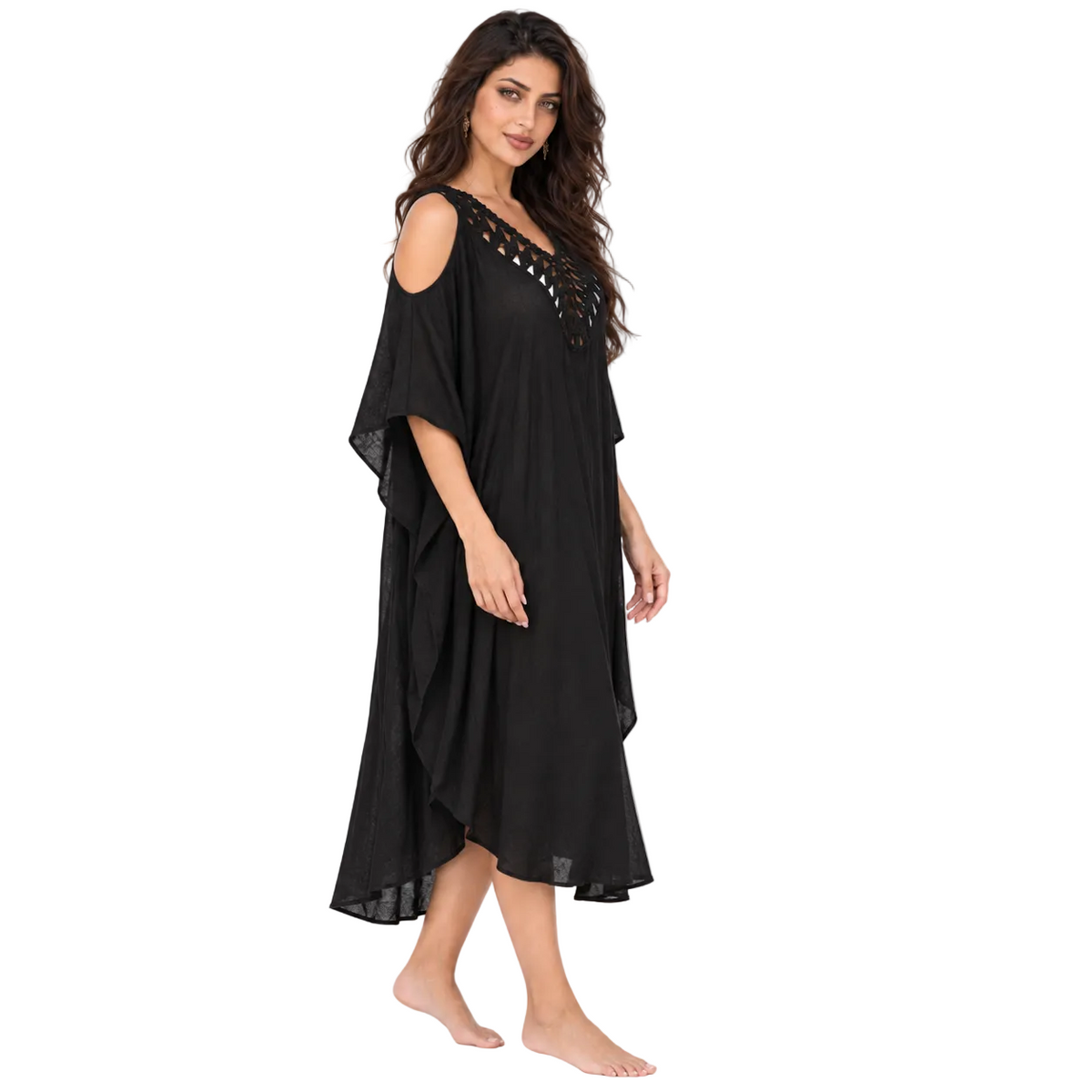 Black Crochet Cold Shoulder Beach Kaftan