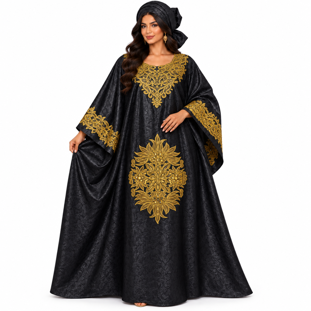 Black Gold Floral Embroidered Baju Kaftan
