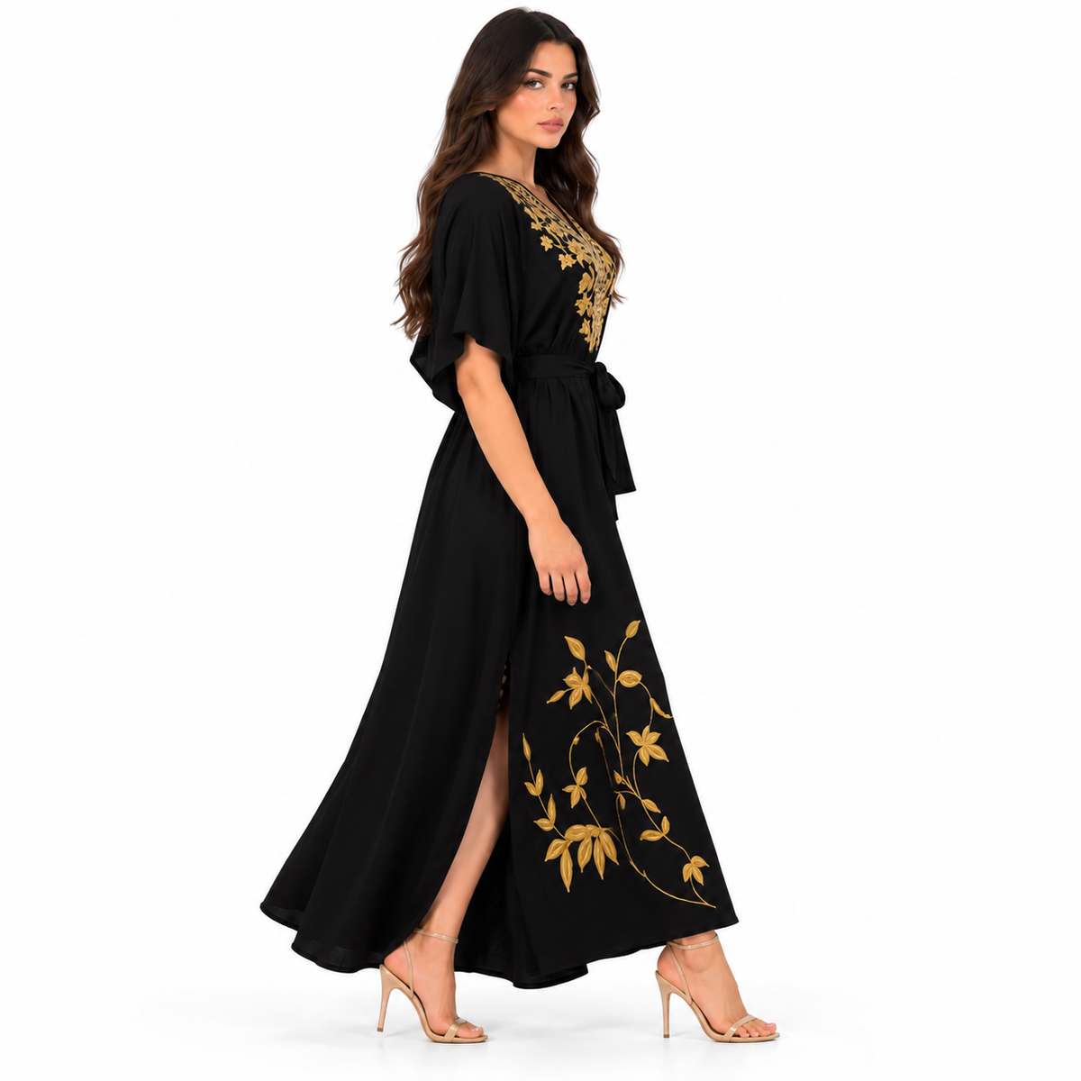 Black Kaftan With Elegant Gold Embroidery