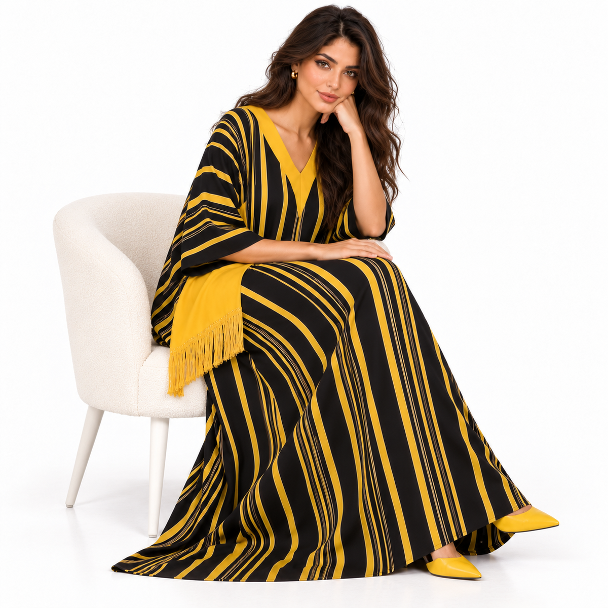Elegant Black Yellow Striped Linen Kaftan