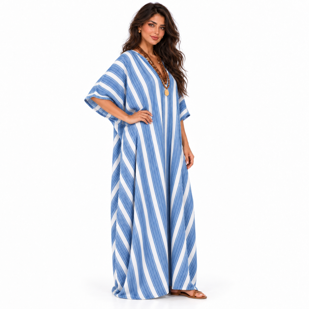Elegant Blue Striped Linen Kaftan Dress