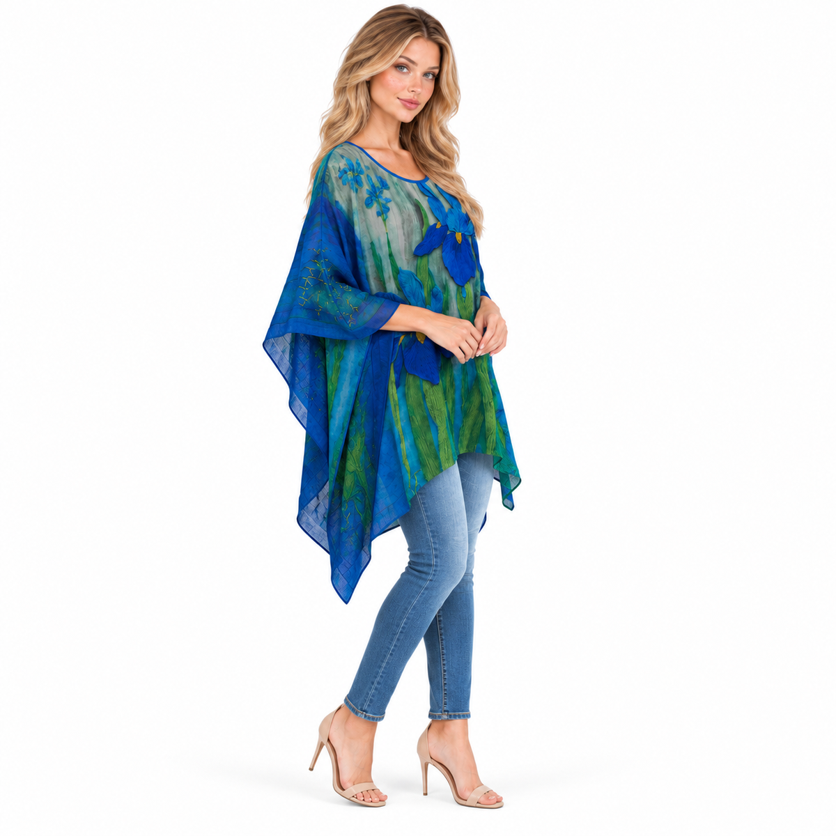 Elegant Blue Iris Floral Kaftan Top