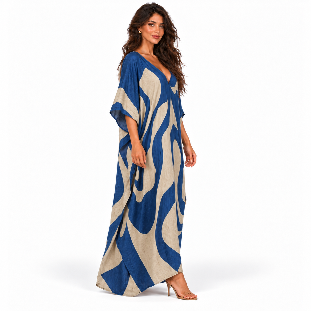 Elegant Blue Abstract Print Linen Kaftan