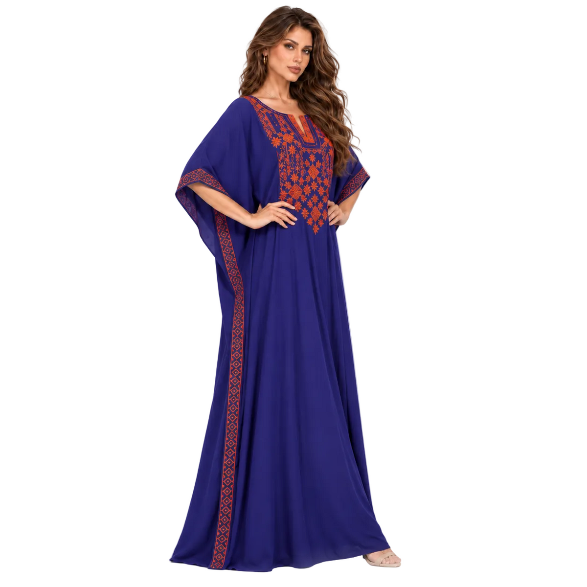 Royal Blue Orange Embroidered Elegant Kaftan