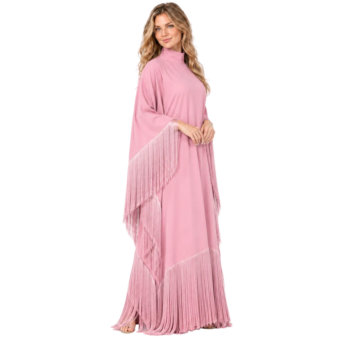 Elegant Blush Pink Fringe Detail Kaftan