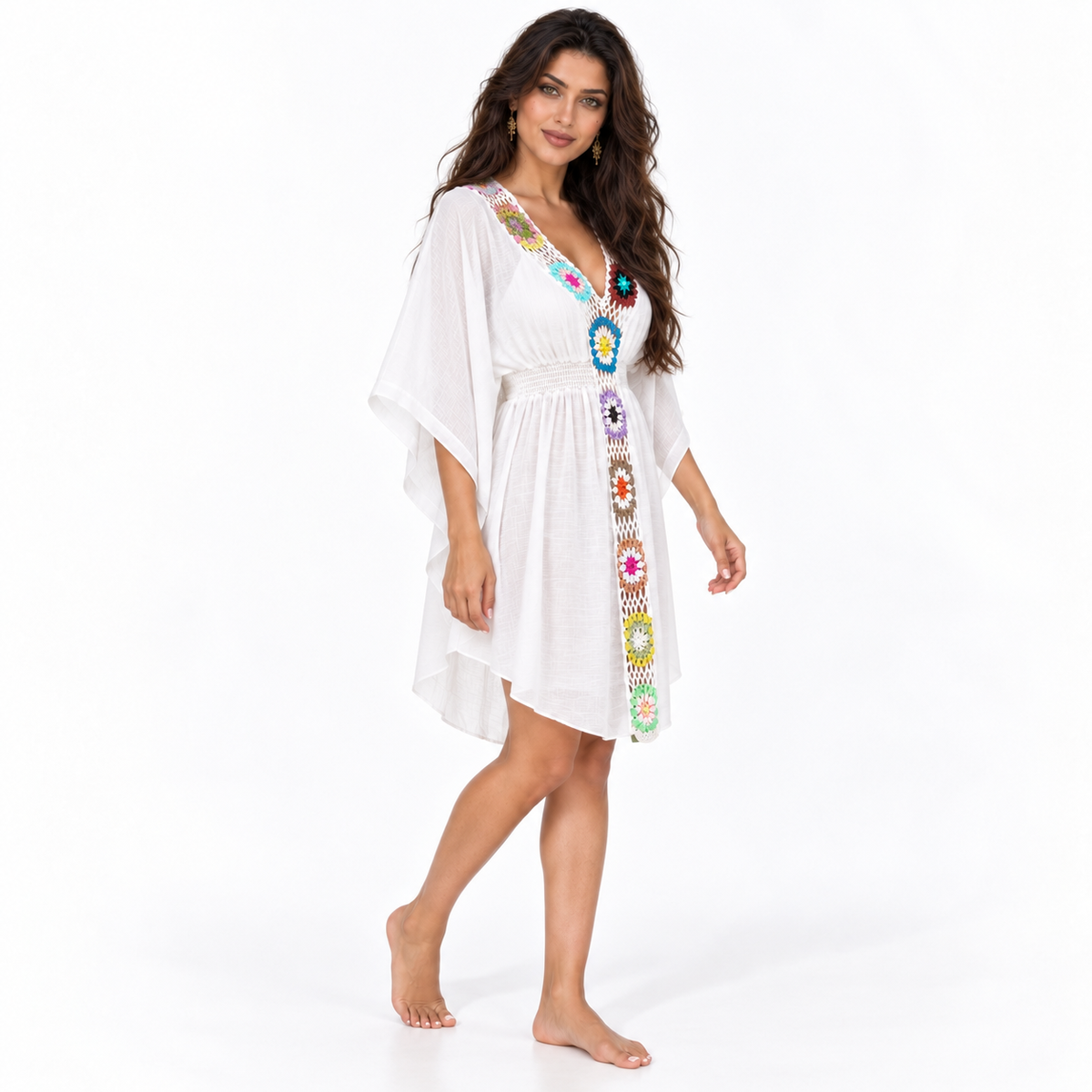 White Crochet Floral Trim Beach Kaftan