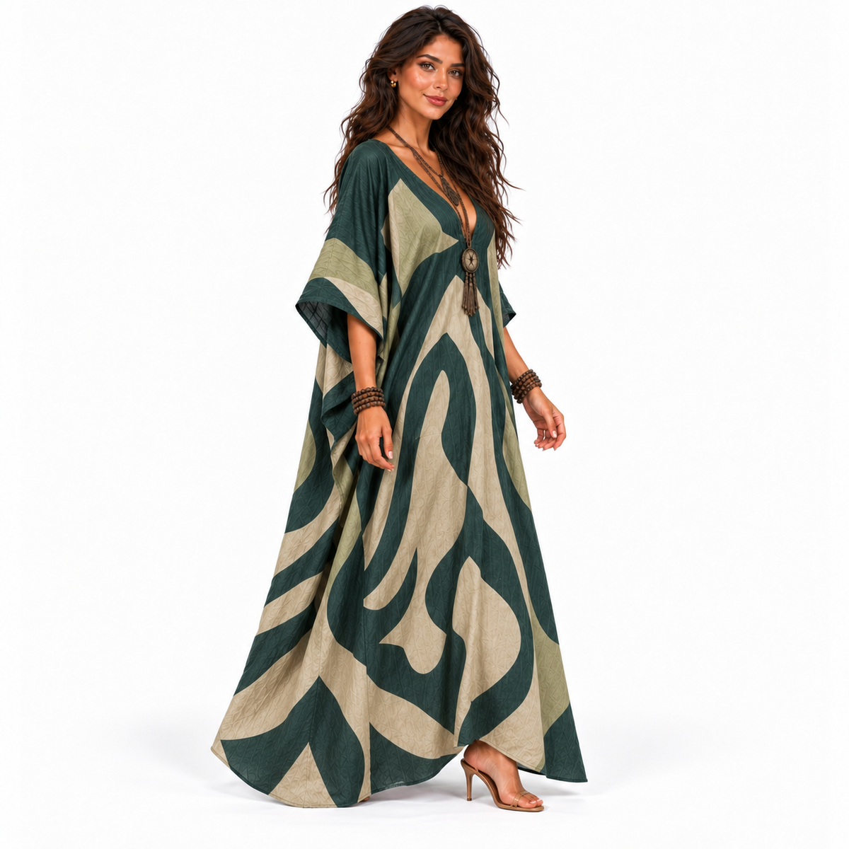 Elegant Forest Green Abstract Linen Kaftan