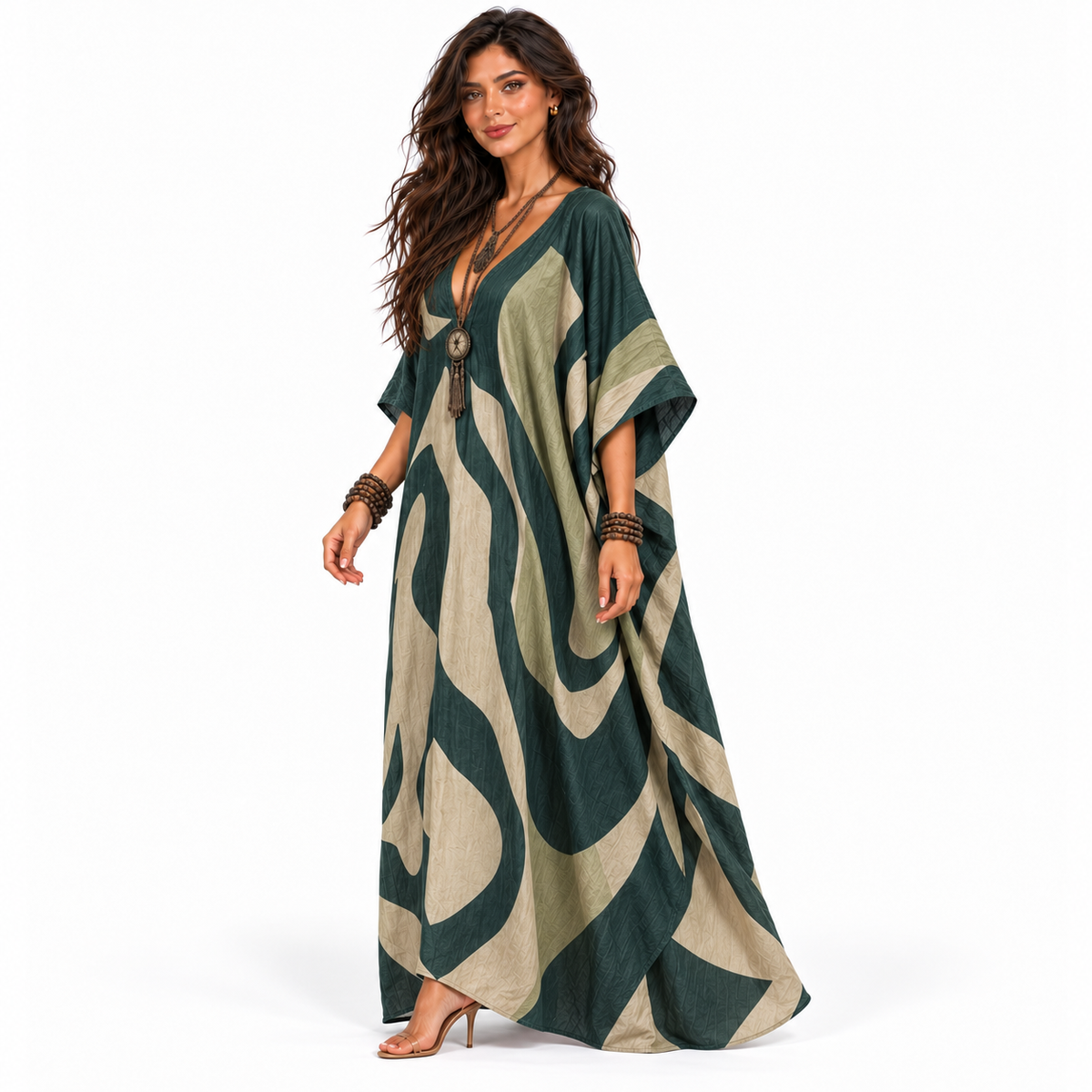 Elegant Forest Green Abstract Linen Kaftan