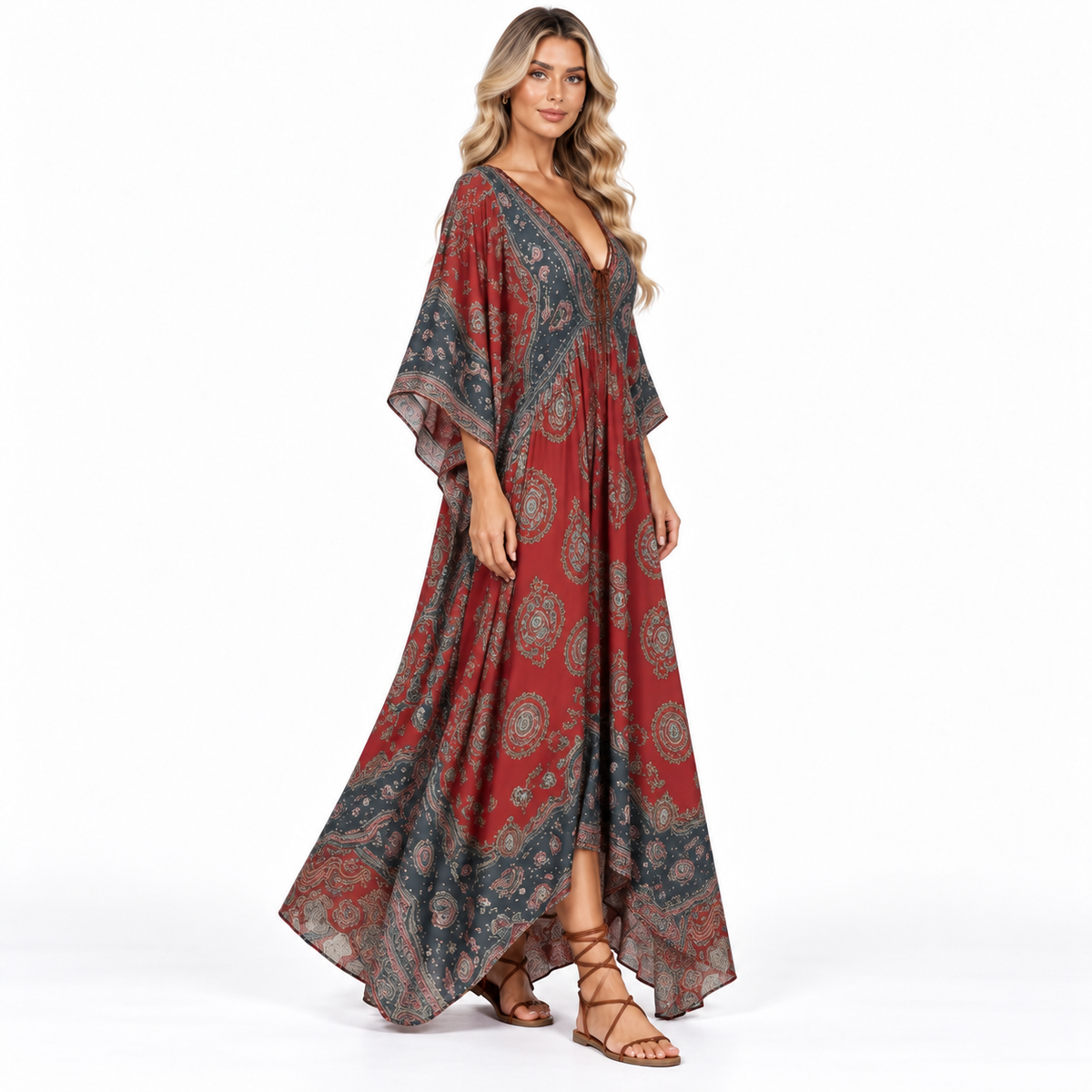 Rust Red Paisley Print Modern Kaftan