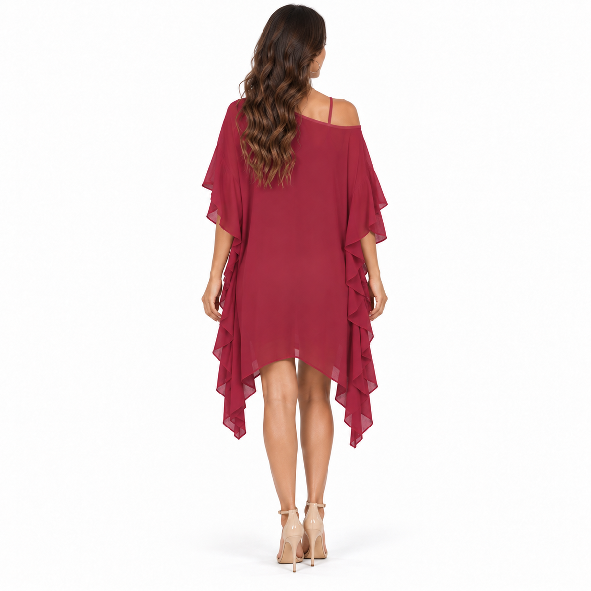 Red Floral Ruffle Asymmetric Beach Kaftan