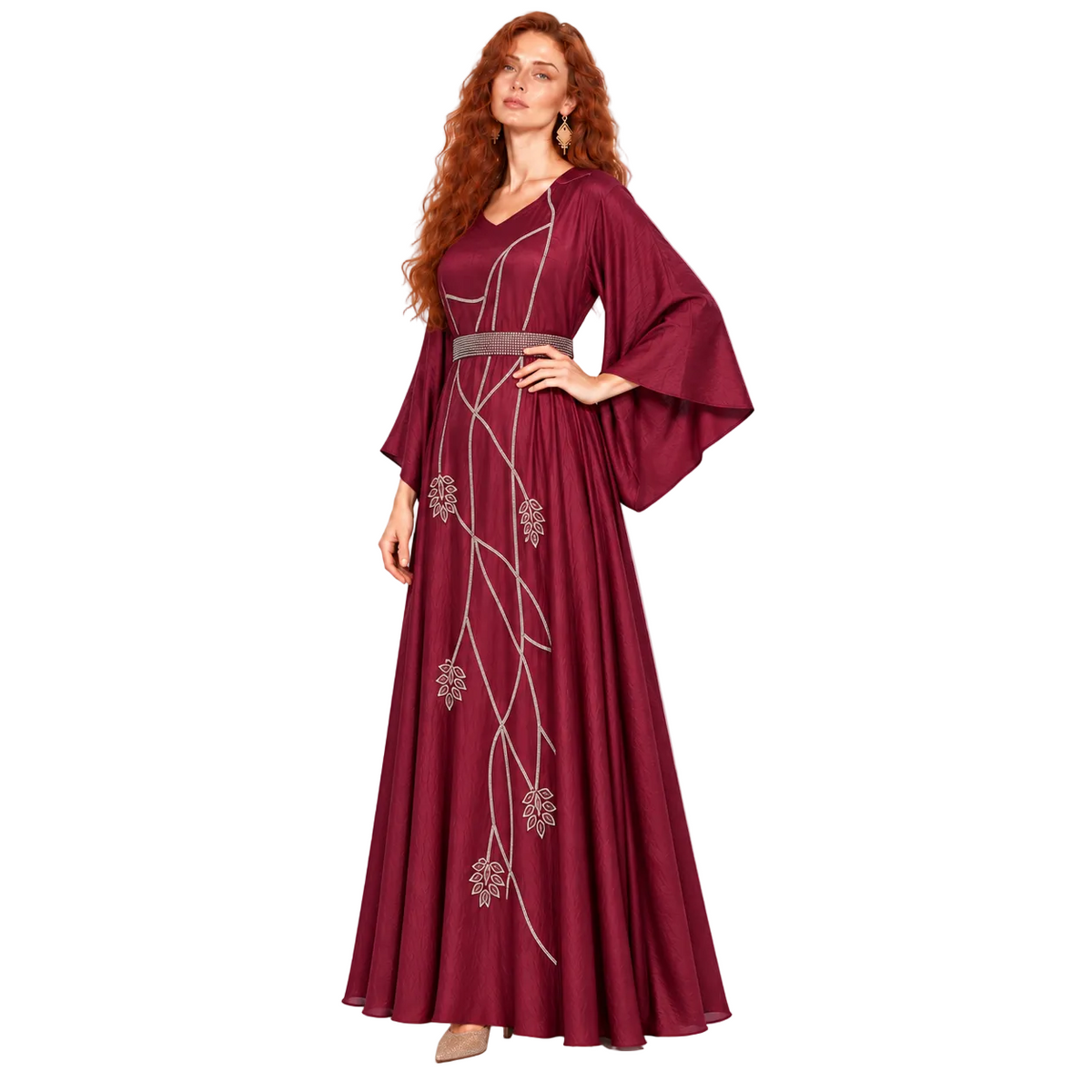 Elegant Burgundy Silver Embellished Lebaran Kaftan Dress