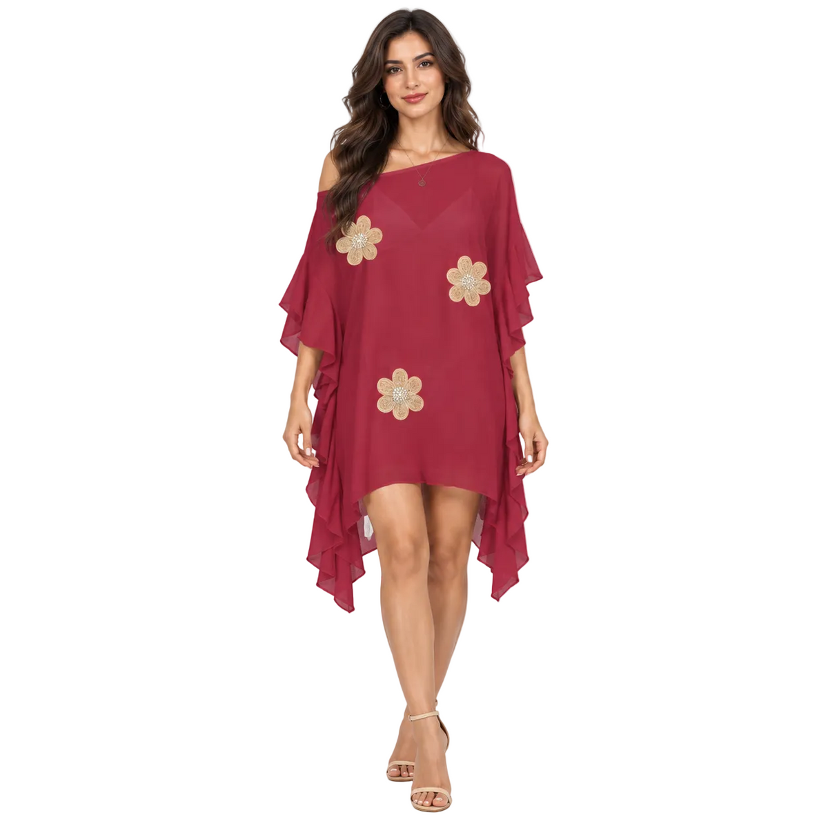 Red Floral Ruffle Asymmetric Beach Kaftan