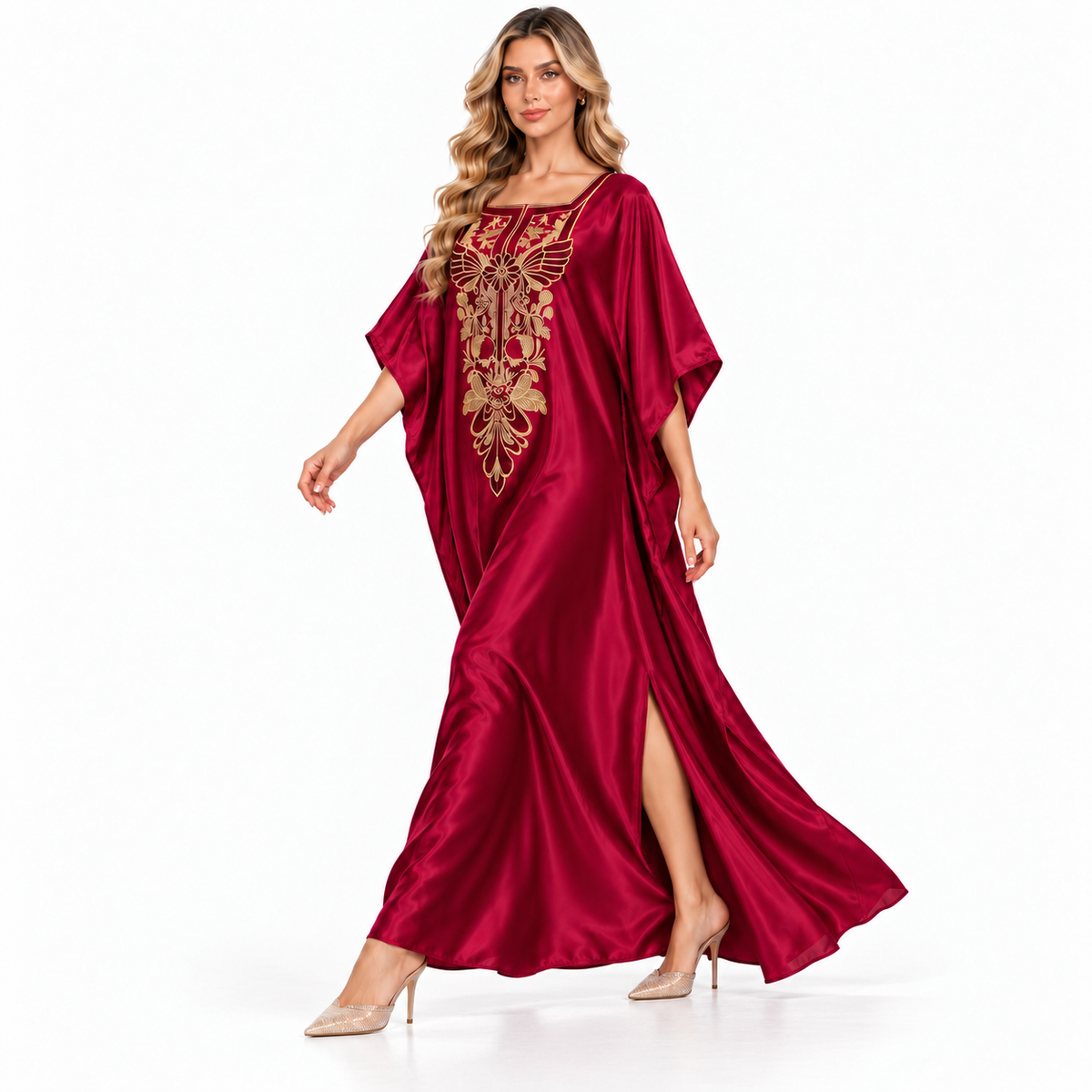 Red Satin Gold Embroidered Modern Kaftan