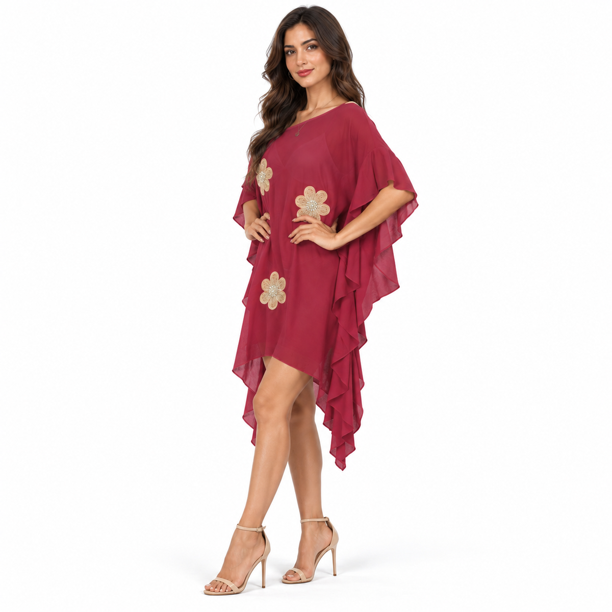 Red Floral Ruffle Asymmetric Beach Kaftan