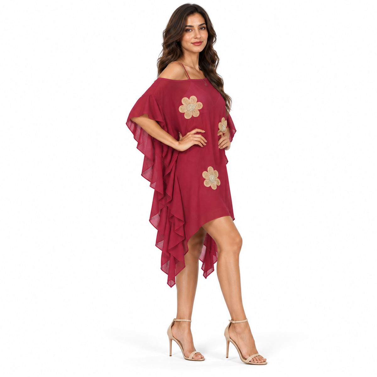 Red Floral Ruffle Asymmetric Beach Kaftan