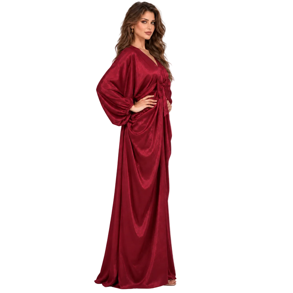 Burgundy Satin Bow Detail Elegant Kaftan