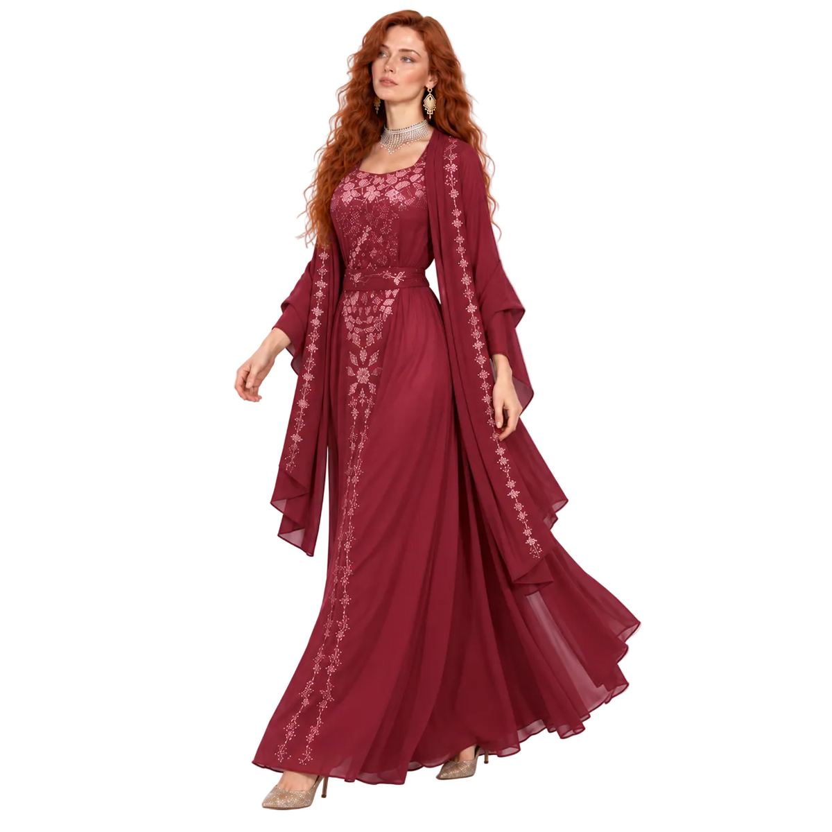 Elegant Burgundy Floral Embroidered Kaftan Lebaran