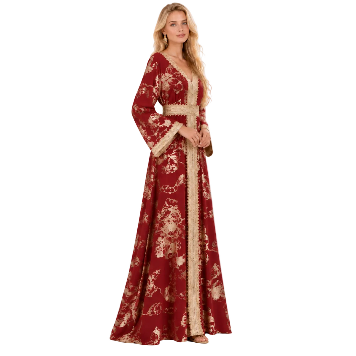 Red Gold Embroidered Luxury Gamis Kaftan
