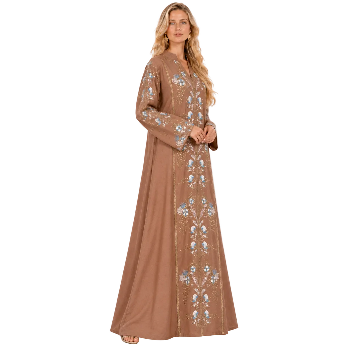 Coffee Blue Floral Embroidered Gamis Kaftan