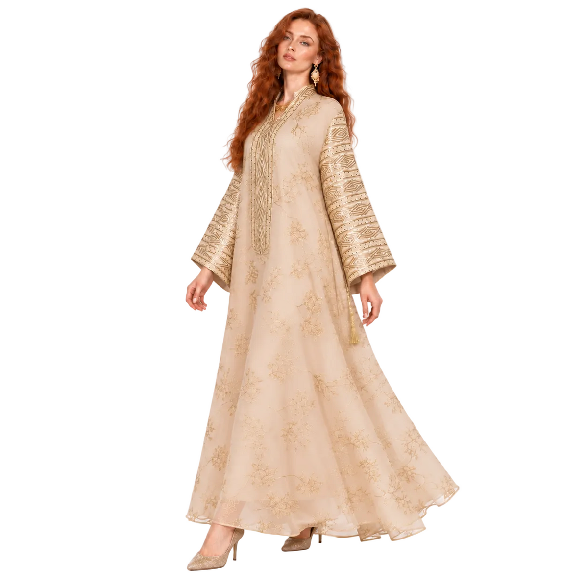 Elegant Apricot Gold Embroidered Lebaran Kaftan