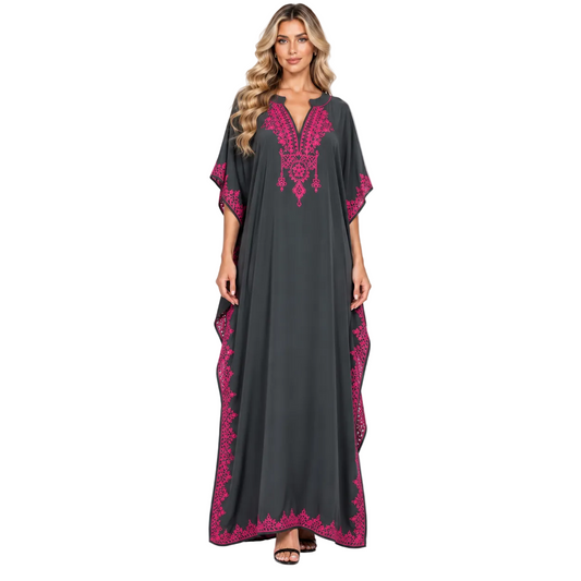 Charcoal Grey Pink Embroidered Modern Kaftan