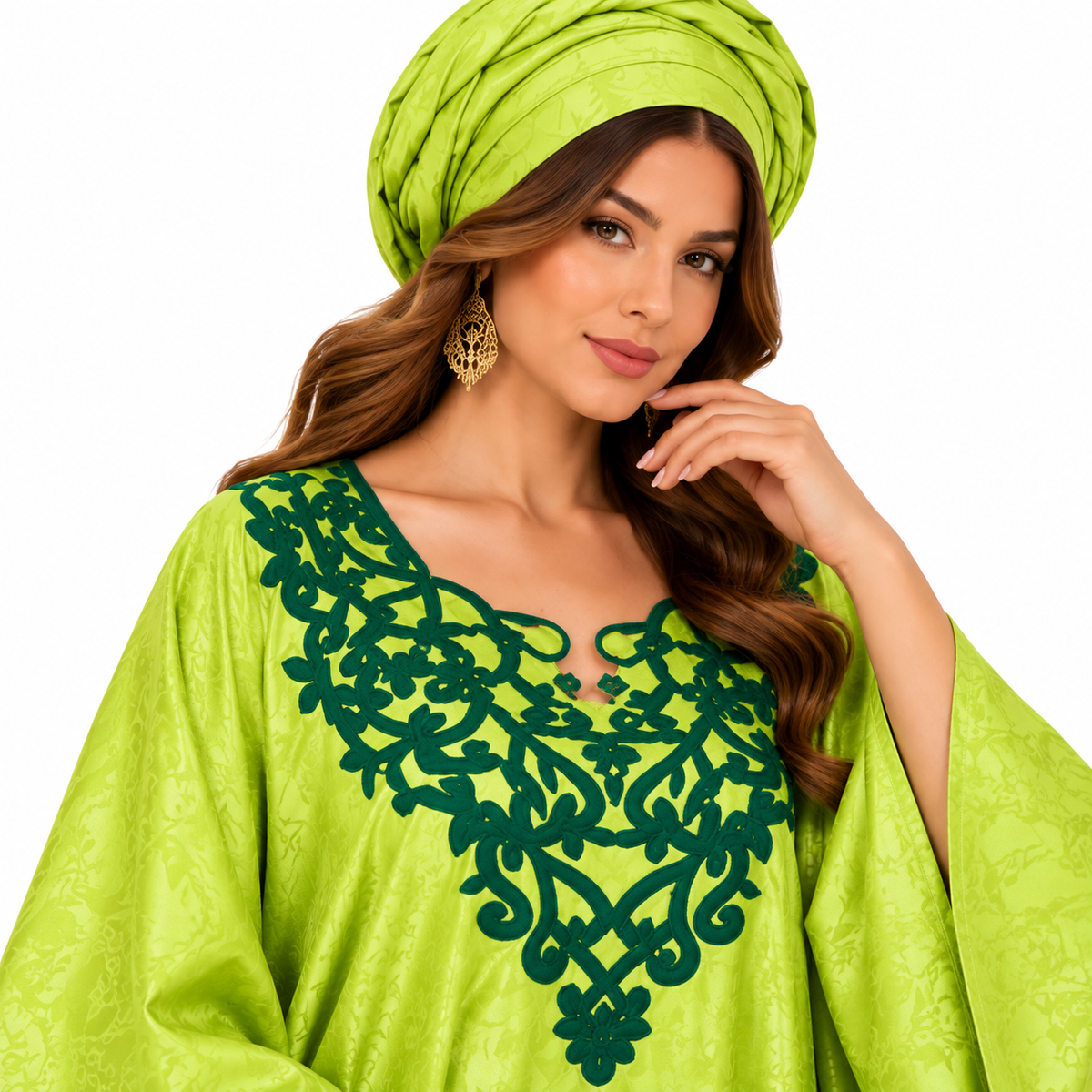 Lime Green Embroidered Flowing Baju Kaftan