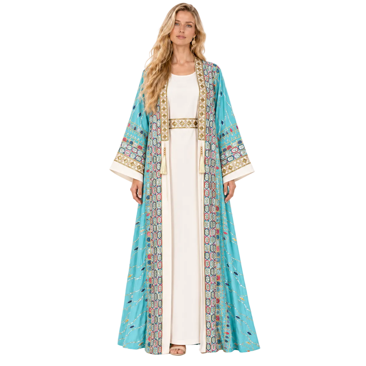 Blue Embroidered Two Piece Gamis Kaftan