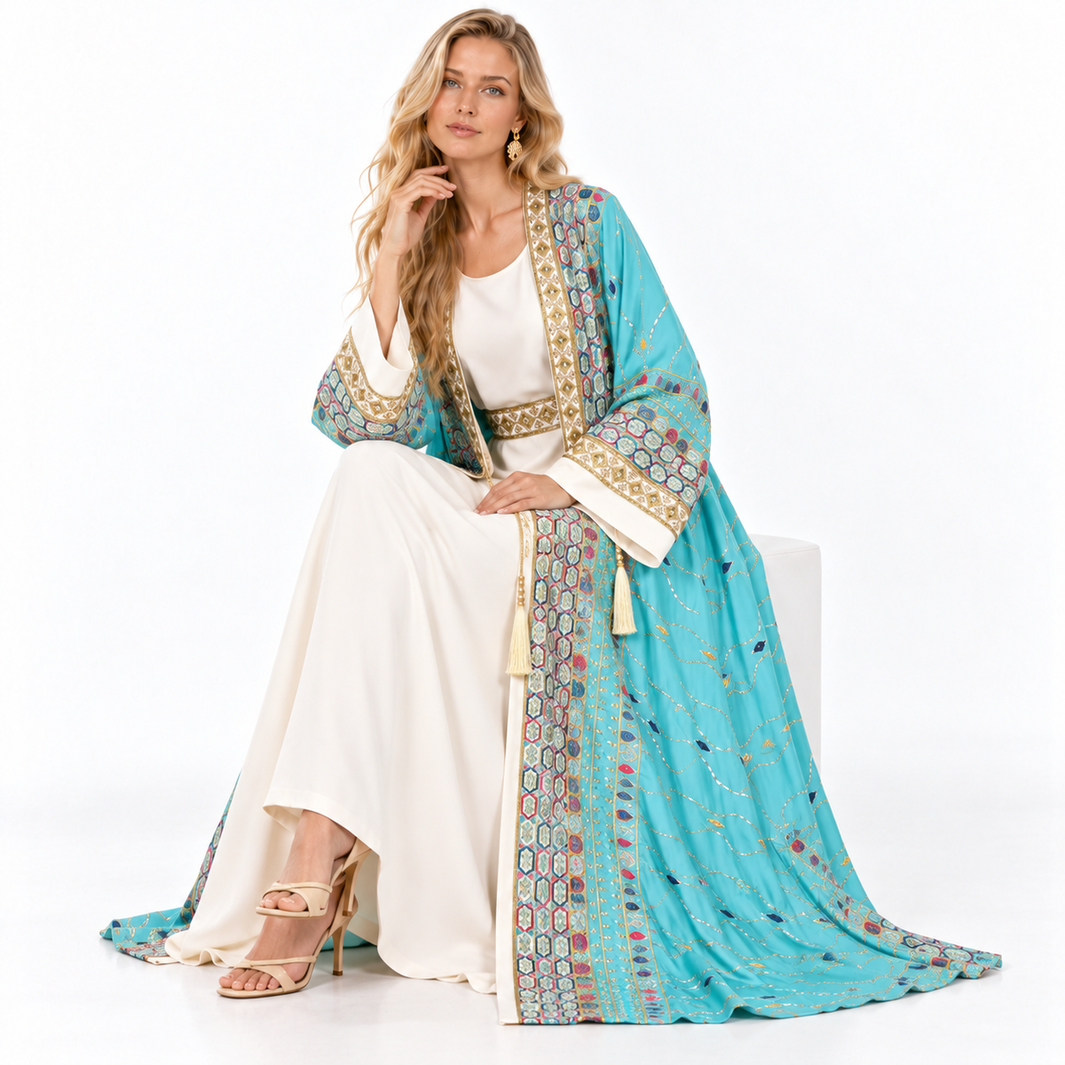 Blue Embroidered Two Piece Gamis Kaftan