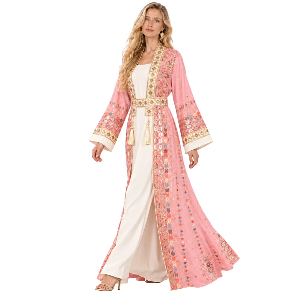Pink Embroidered Two Piece Gamis Kaftan