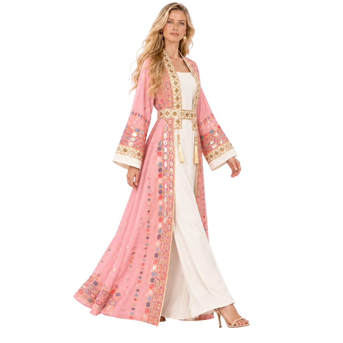 Pink Embroidered Two Piece Gamis Kaftan