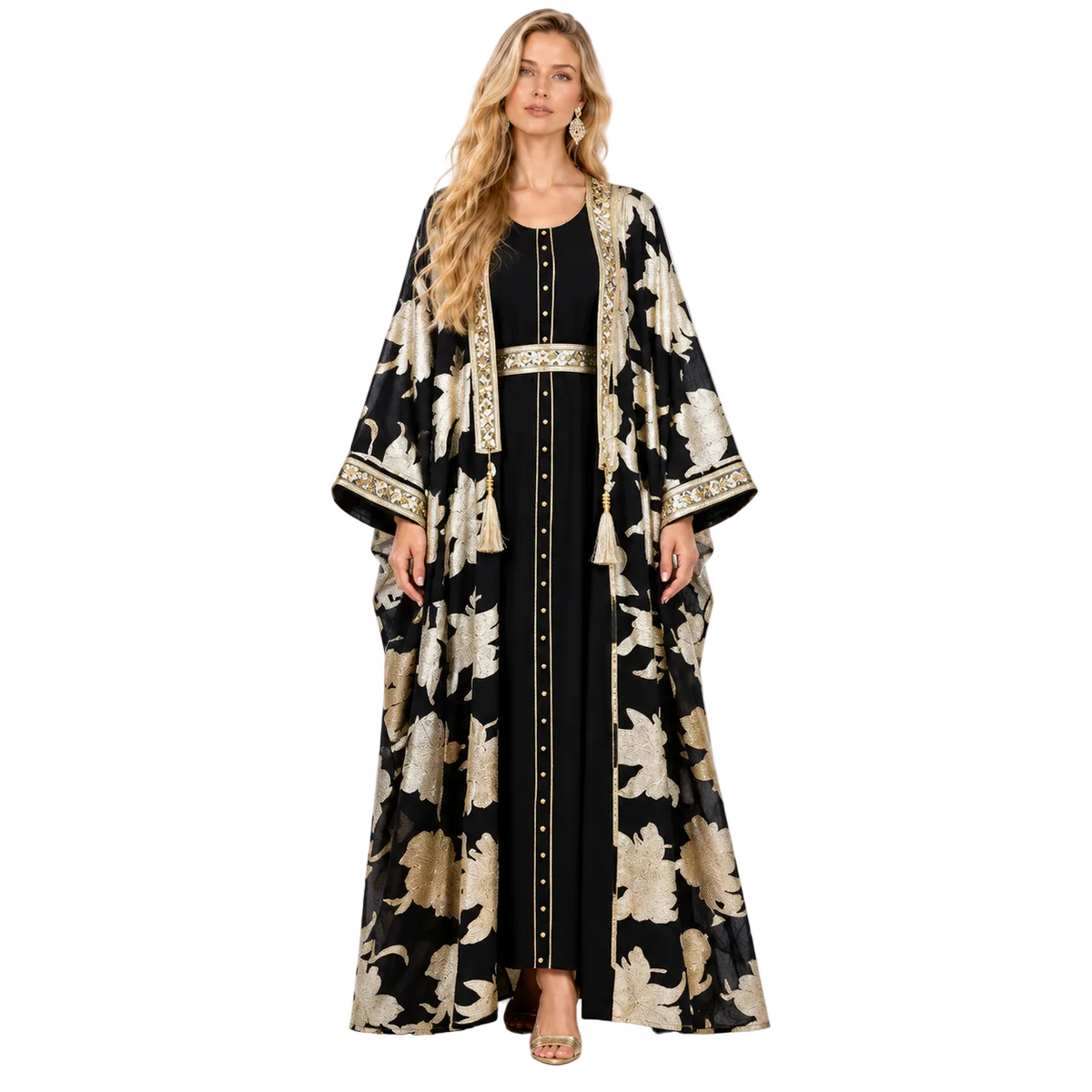 Elegant Black Gold Floral Gamis Kaftan