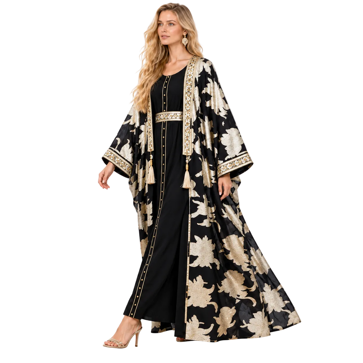 Elegant Black Gold Floral Gamis Kaftan
