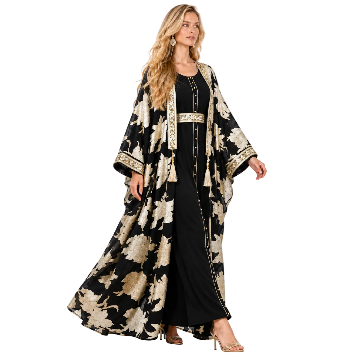 Elegant Black Gold Floral Gamis Kaftan